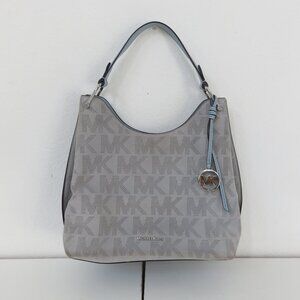Michael Kors Joan Hobo Bag Logo Perforated Gray Suede & Blue Leather